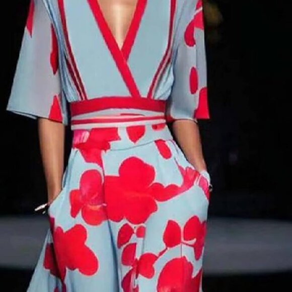 Blue and Red Short Sleeve Maxi Dress - Picture 2 of 4